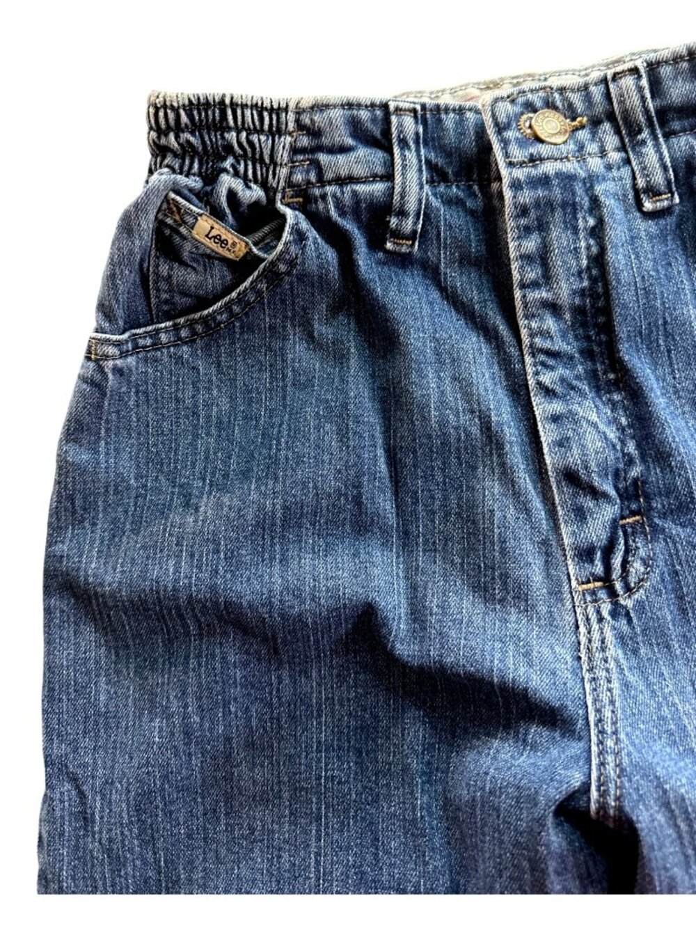 90s Y2k Lee High Waist Jeans 10 Short Side Elastic Waist Tapered Blue 27x27 - Picture 3 of 6